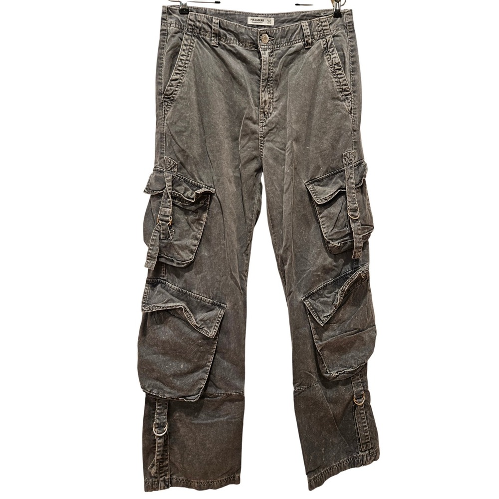 Pull&Bear Women's Gray Cargo Pants Utility Multi Pocket Trousers Y2K